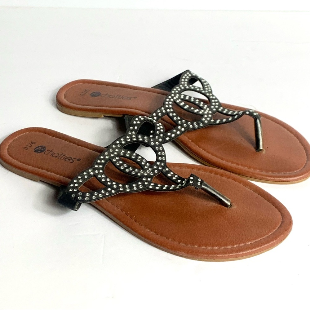 Chatties Thong Sandal Flip Flops Brown Black Studded Design